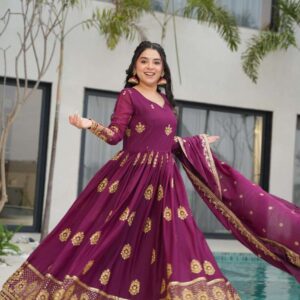 Womenβs Ethnic Anarkali Style Floor-Length Gown in Magenta with Golden Zari Embroidery β Festive & Wedding Wear