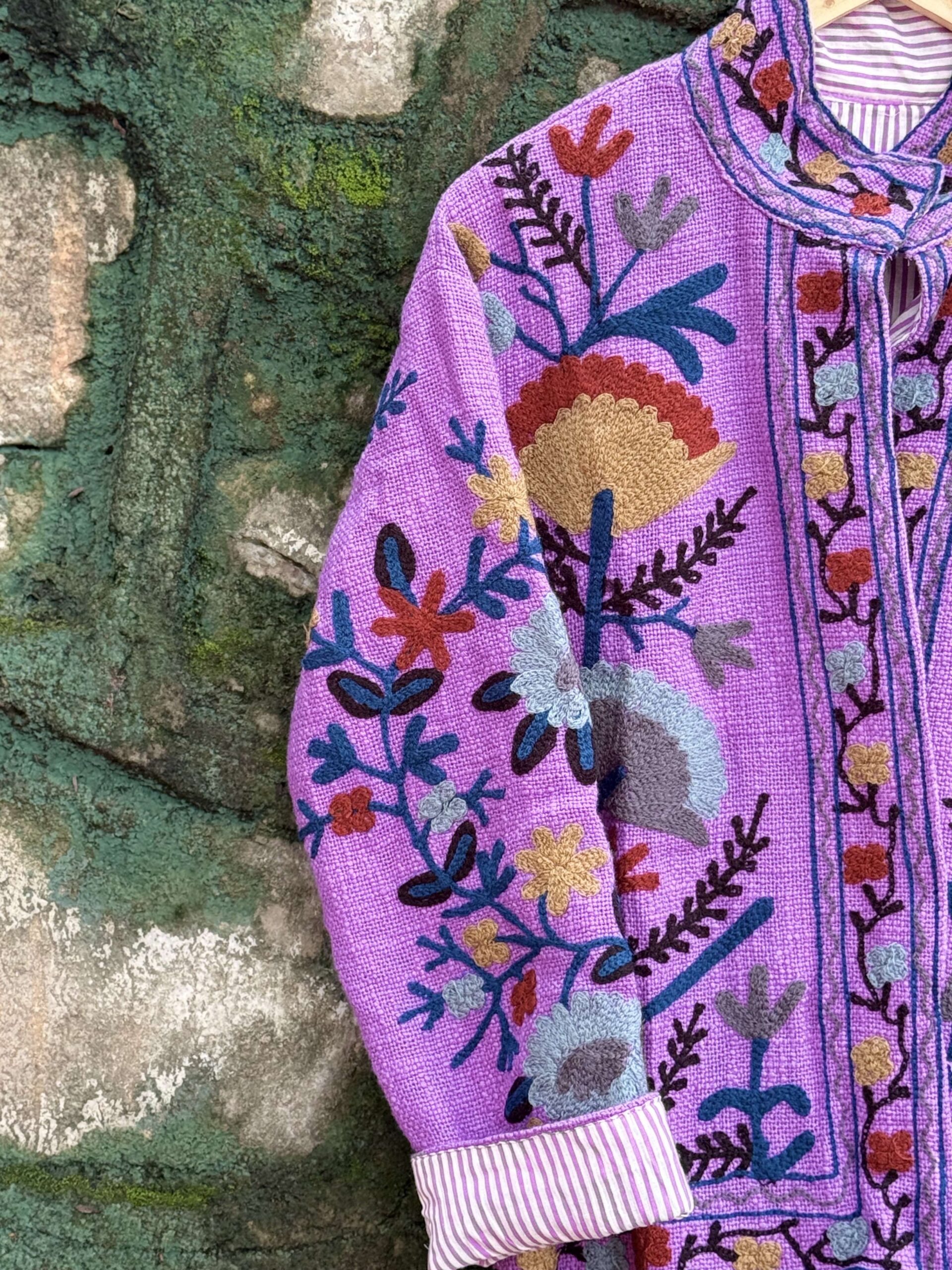 Womens Purple Velvet Embroidered Jacket with Floral Design - Image 5