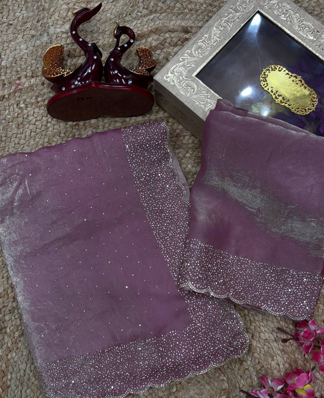 Women's Luxurious Shimmering Grey Organza Saree with Intricately Embroidered Black Blouse - Perfect for Festive & Evening Wear - Image 6