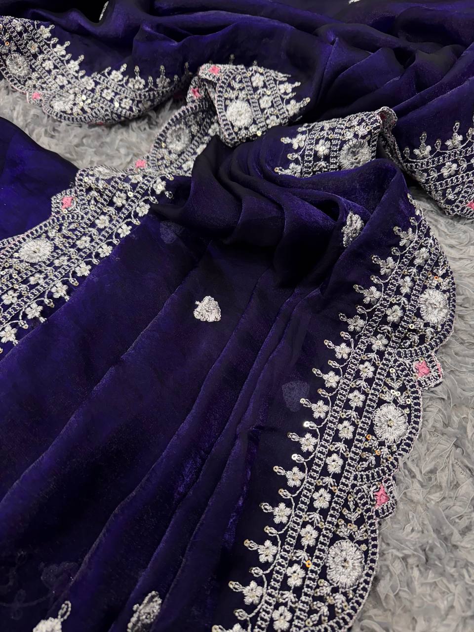 Royal Blue Embroidered Blouse Piece with Intricate Mirror, Sequin & Floral Threadwork β Ready-to-Stitch Fabric for Sarees & Festive Ethnic Wear - Image 4