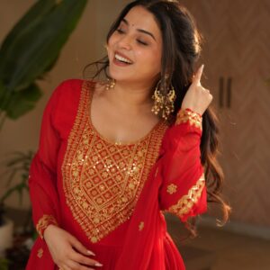 Women's Radiant Red Anarkali Suit Set with Golden Zari & Sequin Embroidery β Perfect for Festive & Wedding Occasions