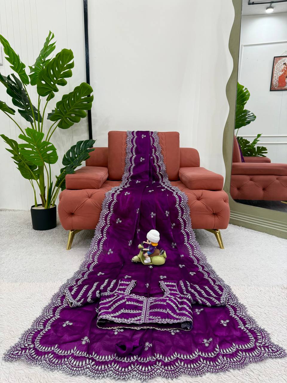 Women's Elegant Regal Purple Georgette Saree with Intricate Silver Thread & Sequin Embroidery – Complete with Embellished Blouse Piece for Festive & Party Wear - Image 7