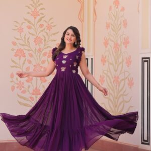 Women's Elegant Plum Purple Georgette Anarkali Gown with Butterfly Applique & Ruffle Sleeves β Festive & Special Occasion Wear