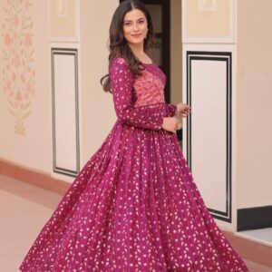 Women's Festive Berry Purple Printed Anarkali Gown with Intricate Zari Work & Embellished Yoke β Perfect for Traditional & Celebration Wear