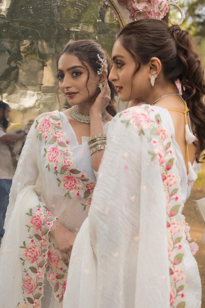 Women's Pristine White Organza Saree with Exquisite Pink & Green Floral Thread Embroidery – Complete with Matching Embroidered Blouse for Festive & Summer Wear - Image 2